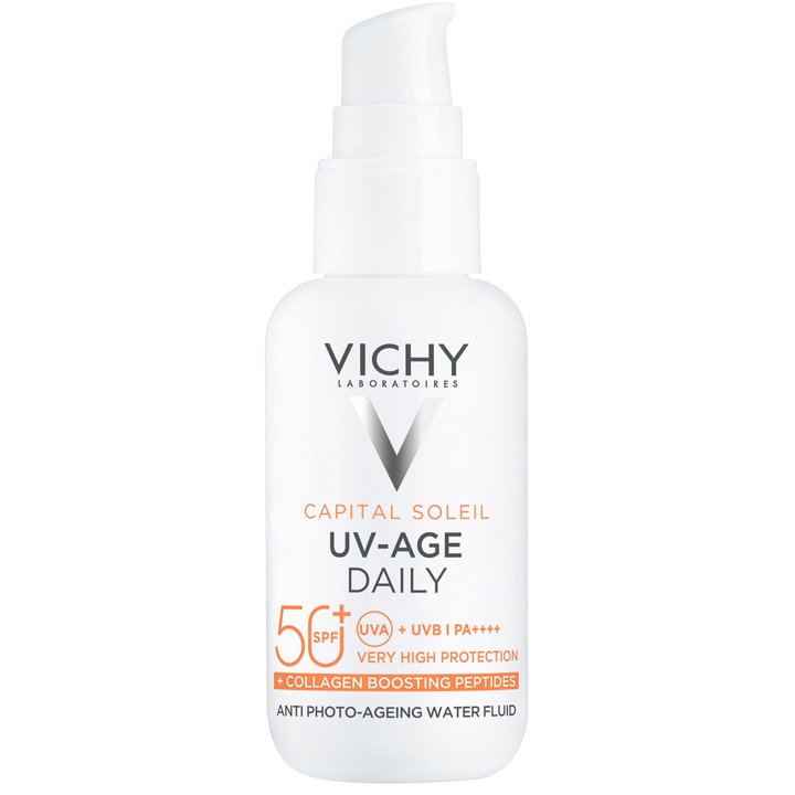Fluid protectie solara pentru fata SPF 50+ Vichy Capital Soleil UV Age Daily impotriva foto-imbatranirii cu peptide si niacinamida, 40ml