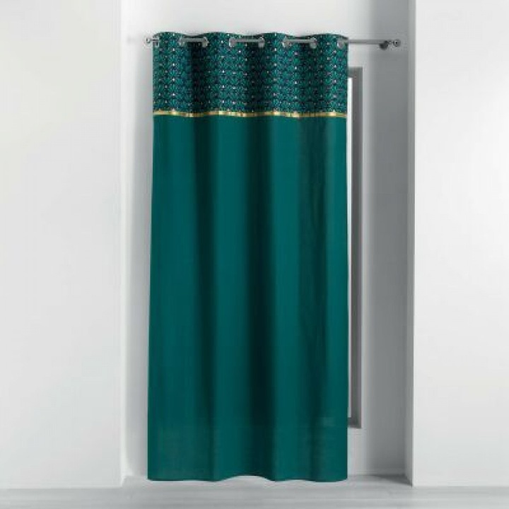 Draperie groasa deluxe cu model auriu , inele rotunde 140x240 cm bumbac verde
