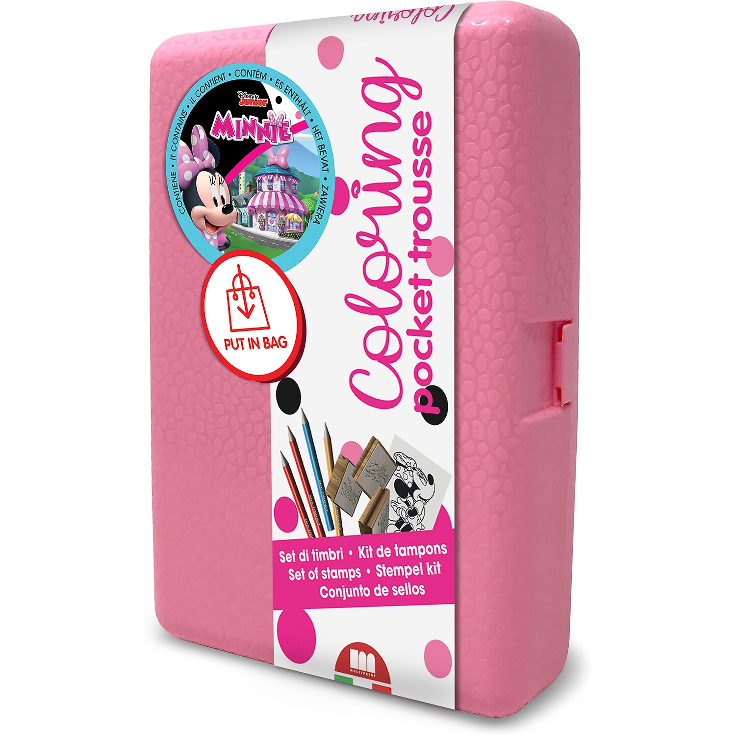 Set pictura 11 piese, 3 stampile, tus, 5 creioane, caiet cu activitati si gentuta transport Minnie, Multiprint