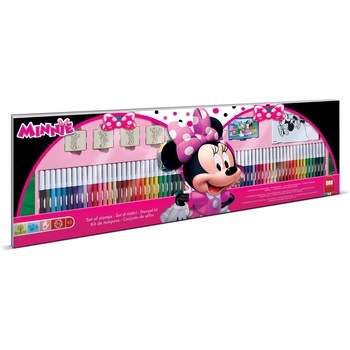 Set pictura 96 piese, 4 stampile, tus, 60 carioci, 30 stickere si caiet cu activitati Minnie, Multiprint Set pictura 96 piese, 4 stampile, tus, 60 carioci, 30 stickere si caiet cu activitati Minnie, Multiprint