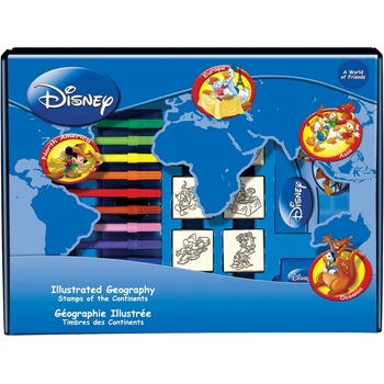 Set educativ cu stampile Geografia Disney 23 piese, 7 stampile, tus, 12 carioci, rigla, harta lumii si caiet cu activitati, Multiprint Set educativ cu stampile Geografia Disney 23 piese, 7 stampile, tus, 12 carioci, rigla, harta lumii si caiet cu activitati, Multiprint