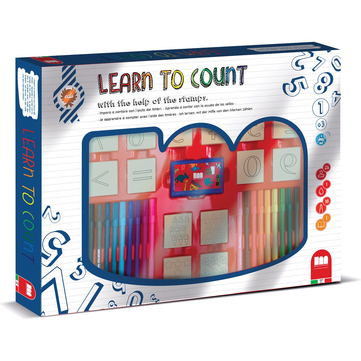 Set educativ cu stampile Numere 46 piese, 26 stampile, tus, 18 carioci si caiet cu activitati, Multiprint