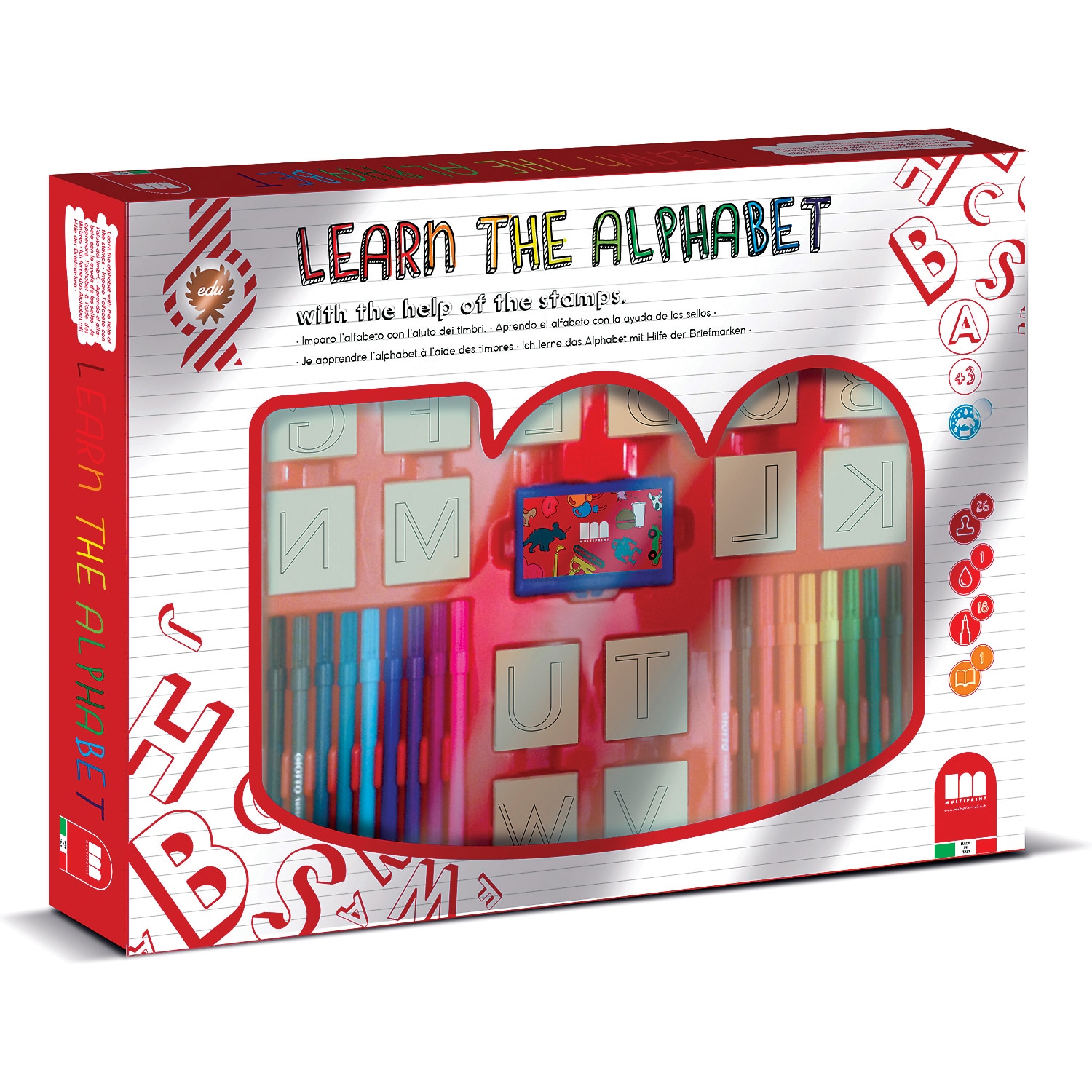 Set educativ cu stampile Alfabet 46 piese, 26 stampile, tus, 18 carioci si caiet cu activitati, Multiprint