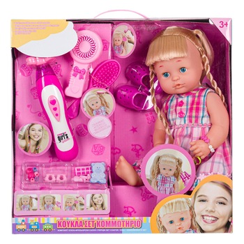 Papusa bebelus,cu par blond si codite,include aparat de impletit parul si alte acesorii pentru par,dimensiune 40x14x40 cm Papusa bebelus,cu par blond si codite,include aparat de impletit parul si alte acesorii pentru par,dimensiune 40x14x40 cm