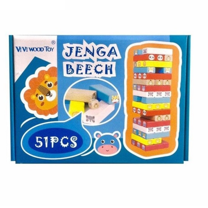 Joc Jenga Beech din lemn cu Animale, 51 piese