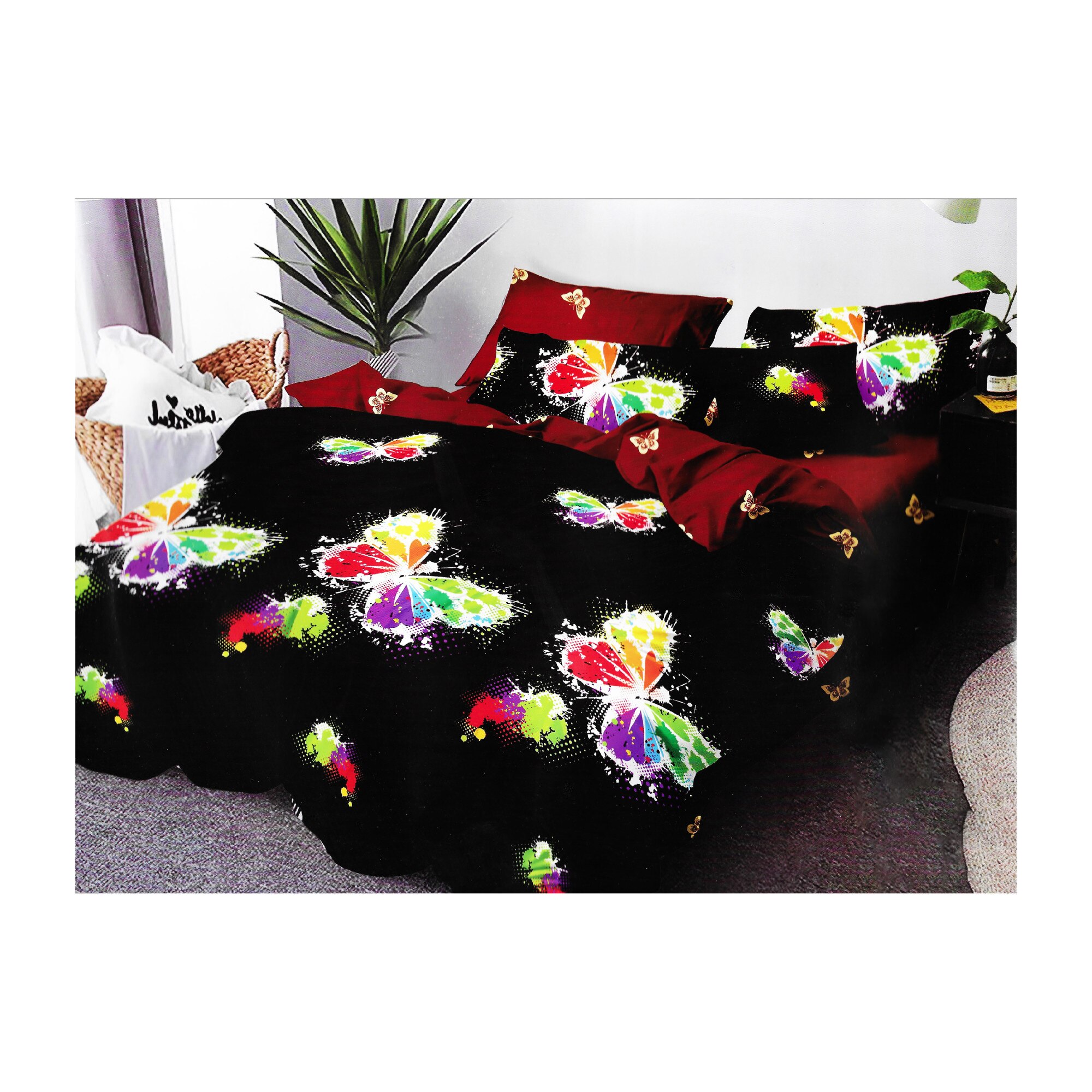Set lenjerie de pat Butterflies din finet, Casa New Concept, 6 piese, pentru 2 persoane, multicolor, 250 x 238 cm