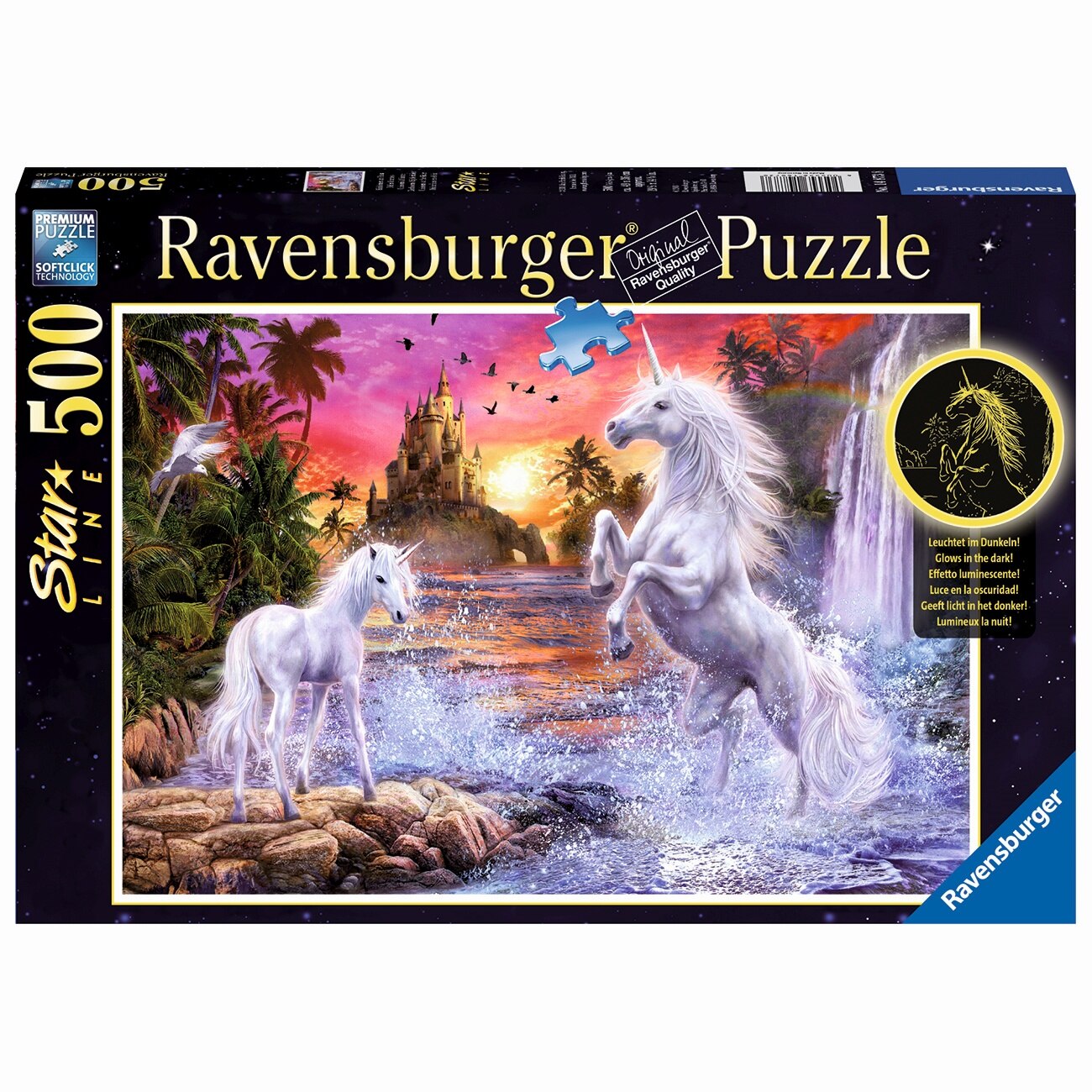 Puzzle Ravensburger Glow in the dark - Unicorni la rau, 500 piese