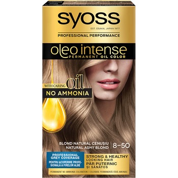 Vopsea de par permanenta fara amoniac Syoss Color Oleo Intense 8-50 Blond Natural Cenusiu, 115 ml Vopsea de par permanenta fara amoniac Syoss Color Oleo Intense 8-50 Blond Natural Cenusiu, 115 ml