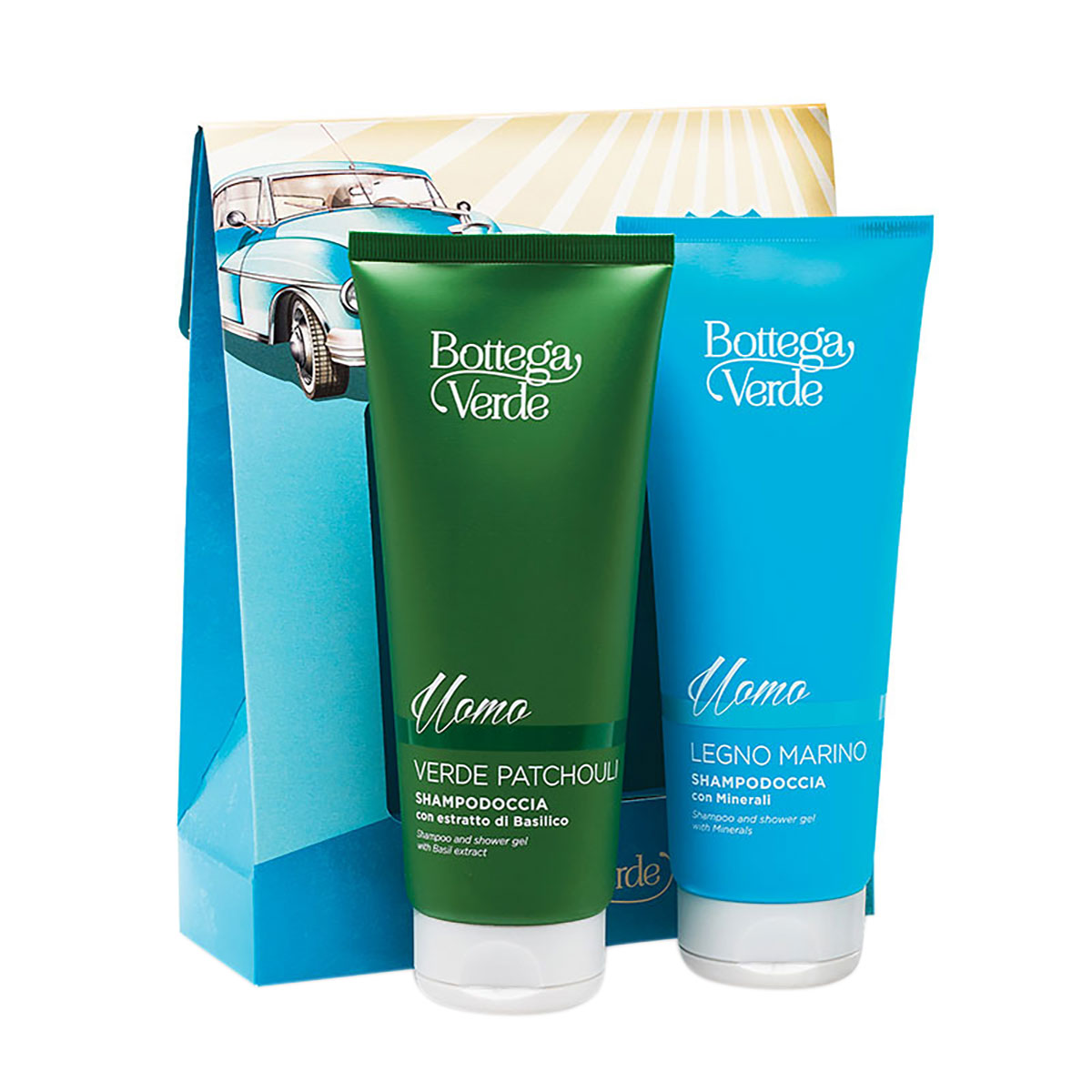 Set cadou barbati, 2 in 1, sampon si gel de dus cu aroma fresh - Legno Marino, Verde Patchouli, 200 ML, Bottega Verde