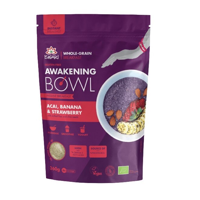 Mic dejun instant bio cu acai, banane si capsuni, Iswari, 360 g