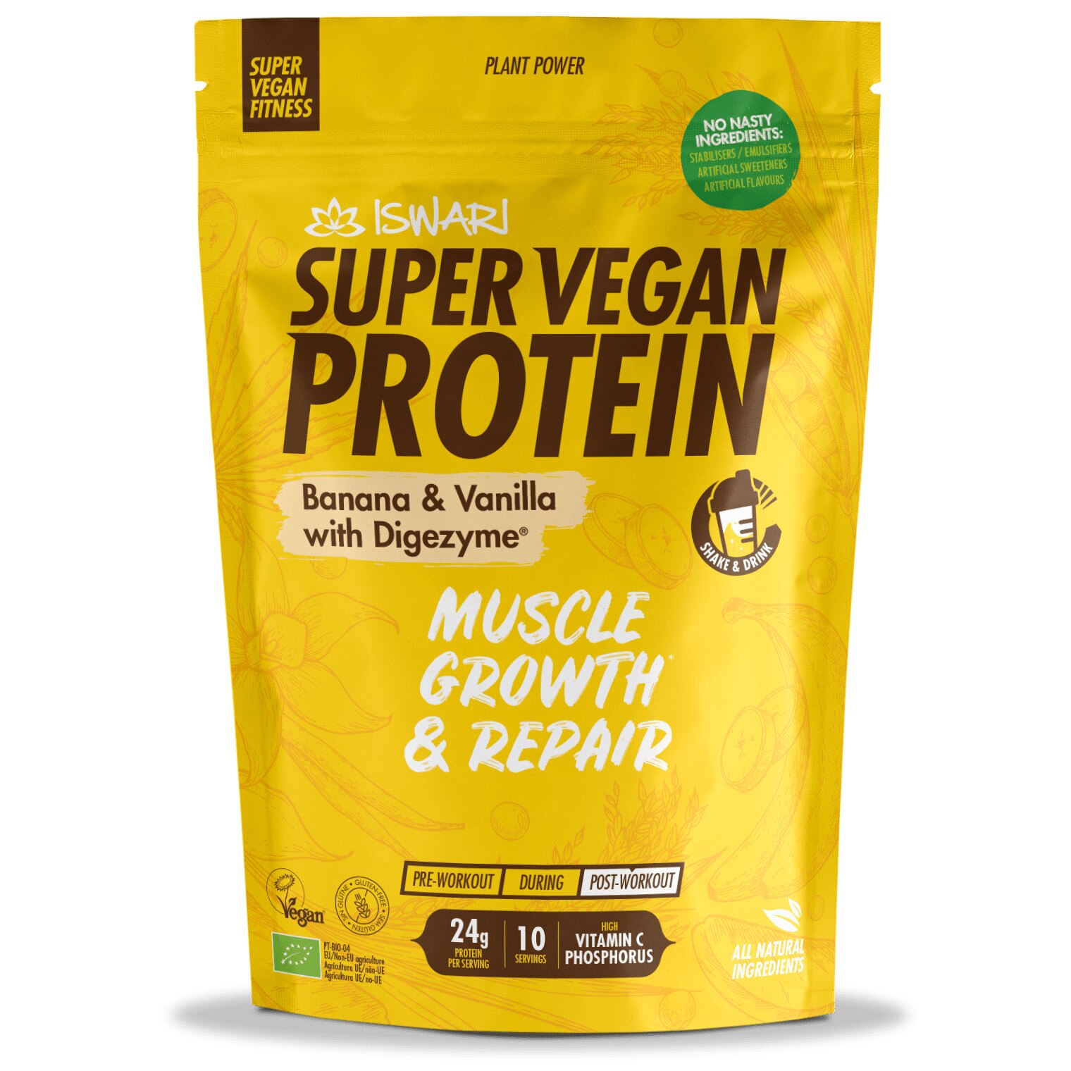 Proteina Super Vegan bio(dupa efort) banane si vanilie cu dygezime Iswari, 350 g