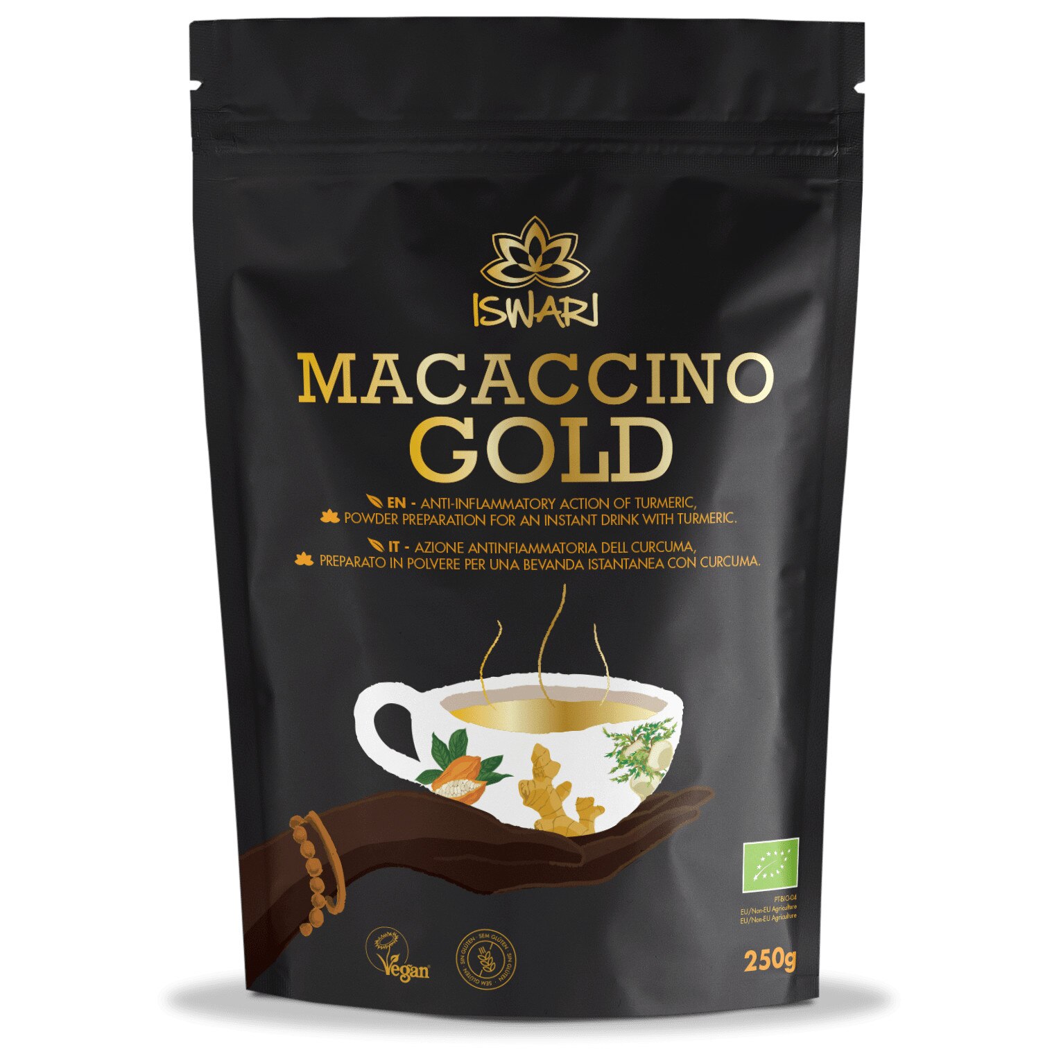 Bautura instant functionala bio vegana Macaccino Gold Iswari, 250 g