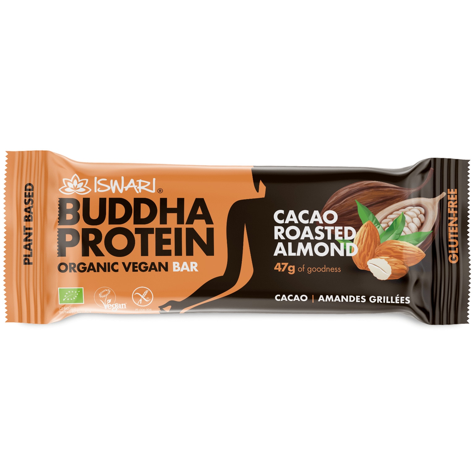 Baton proteic bio Buddha cu migdale prajite si cacao Iswari, 47 g