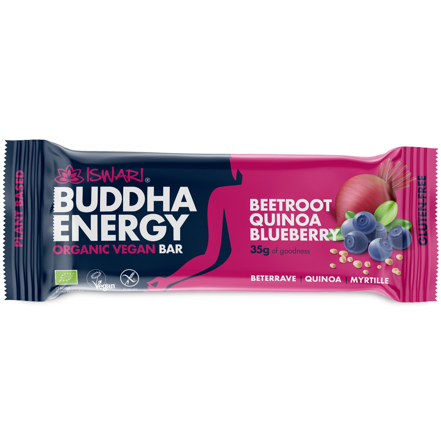 Baton energizant bio Buddha cu sfecla rosie, quinoa si afine Iswari, 35 g