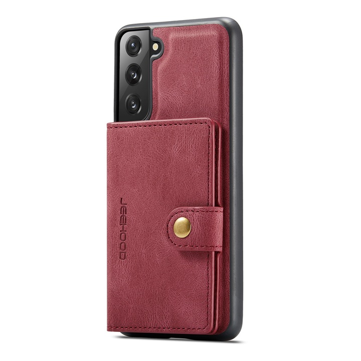 Калъф за Samsung Galaxy S22 Plus, мека текстурирана кожа, заден капак, подвижен мини портфейл, CaseMe, червен
