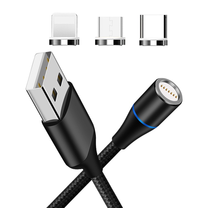 Cablu de incarcare si transfer de date magnetic 3 in 1, TIENTEN, Fast Charging, conectori magnetici tip Lightning, USB-C, micro USB, 5V, 3A, 1m, Negru