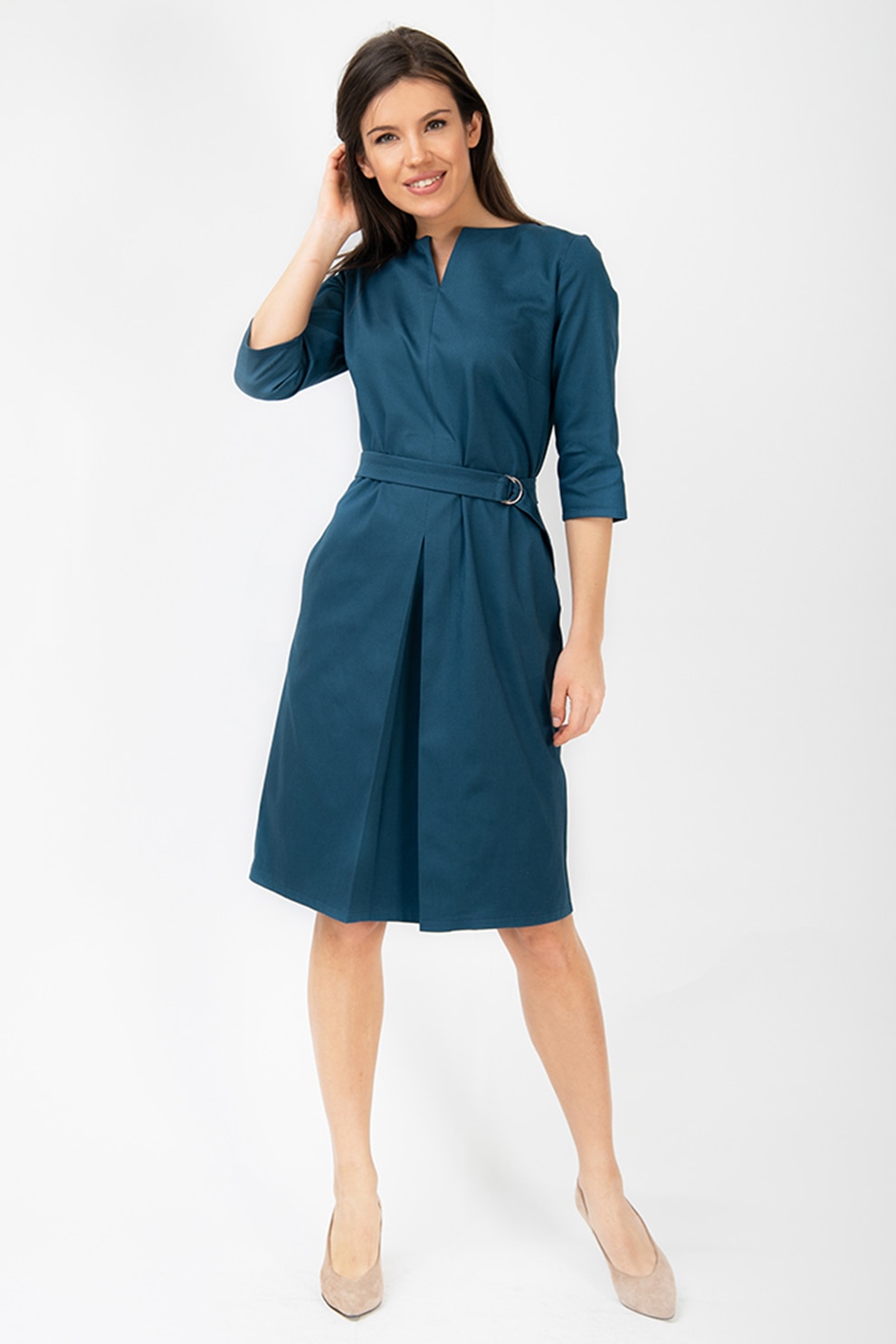 Couture de Marie, Rochie cu croiala in A si maneci trei sferturi Connie, Albastru petrol, XL