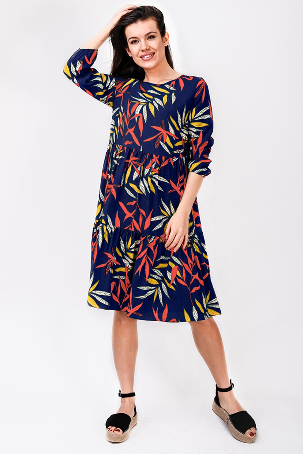 Couture de Marie, Rochie midi cu imprimeu vegetal Jay, Albastru inchis/oranj/galben