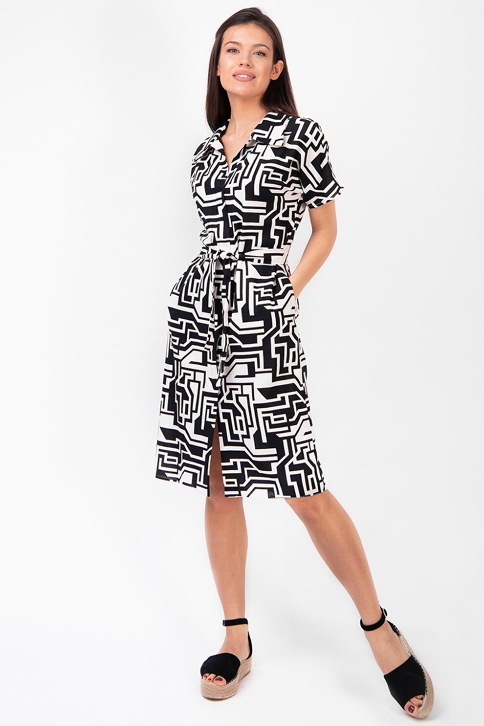 Couture de Marie, Rochie tip camasa din in cu imprimeu geometric Tiana, Alb optic/Negru