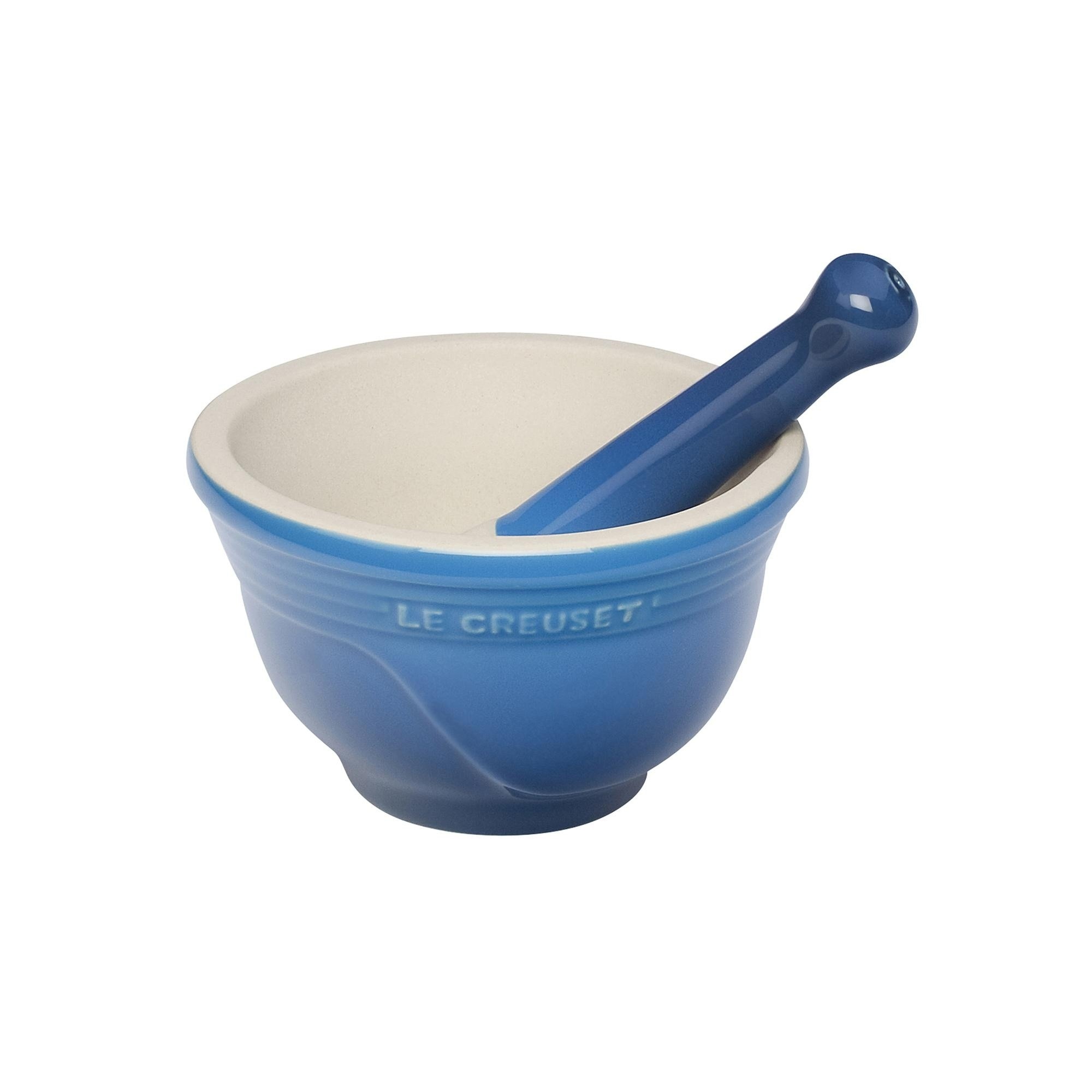 Mojar cu pistil din gresie ceramica, Le Creuset, albastru, 7.5x12 cm, diametru exterior 12 cm