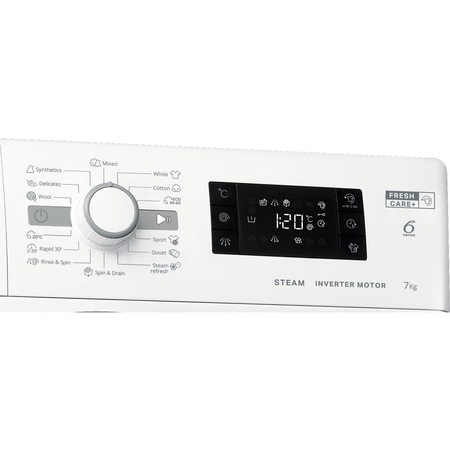 Masina de spalat rufe slim Whirlpool FreshCare+ FWSG71283SVEEN, 7 kg, 1200 RPM, Clasa D, 6th Sense, Steam Refresh, Motor Inverter, Display digital, Alb