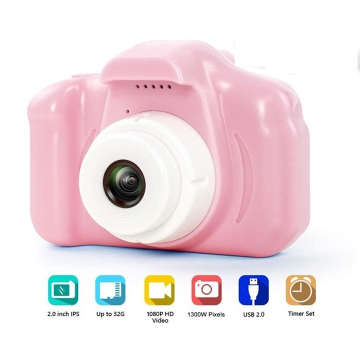 Mini camera foto/video copii, 3MP, 1080p, Slot card SD, Roz