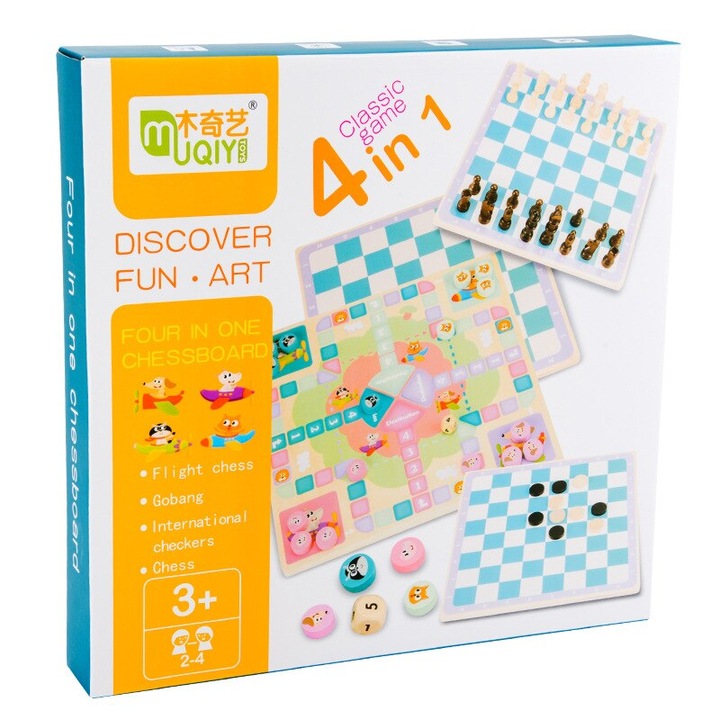 Joc educativ 4 in 1 din lemn - sah, gobang,dame, sah model avion