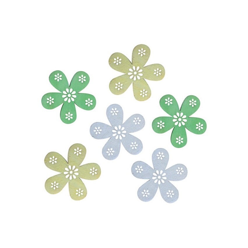 Set 6 flori gravate din lemn verzi si albastri, 6 cm
