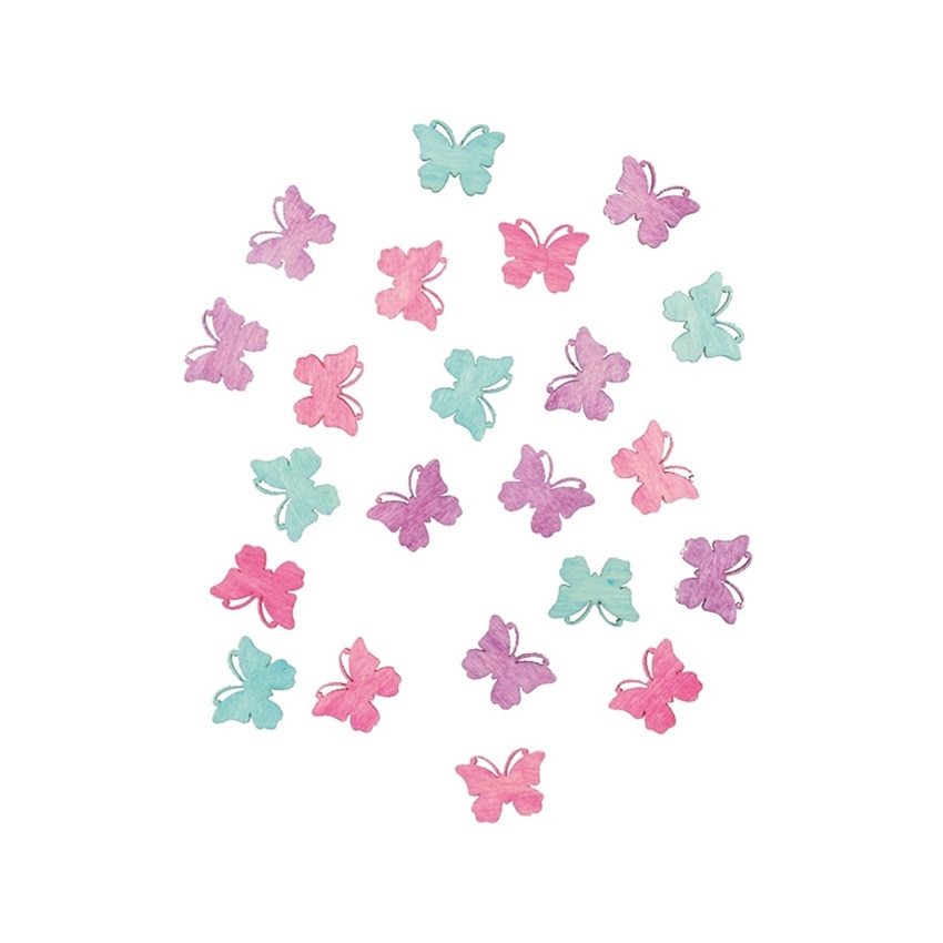 Set 24 fluturasi din lemn vopsiti, roz, mov si turcoaz, 2 cm