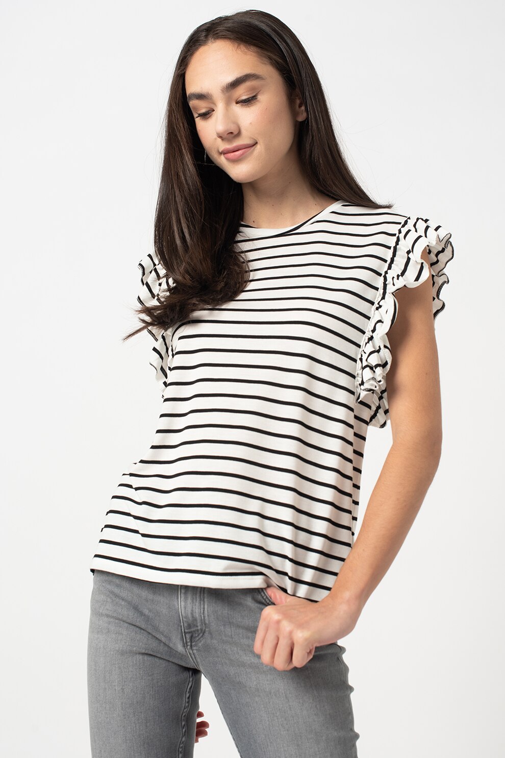 LTB, Tricou in dungi cu maneci cu volane Timeca, Alb/Negru