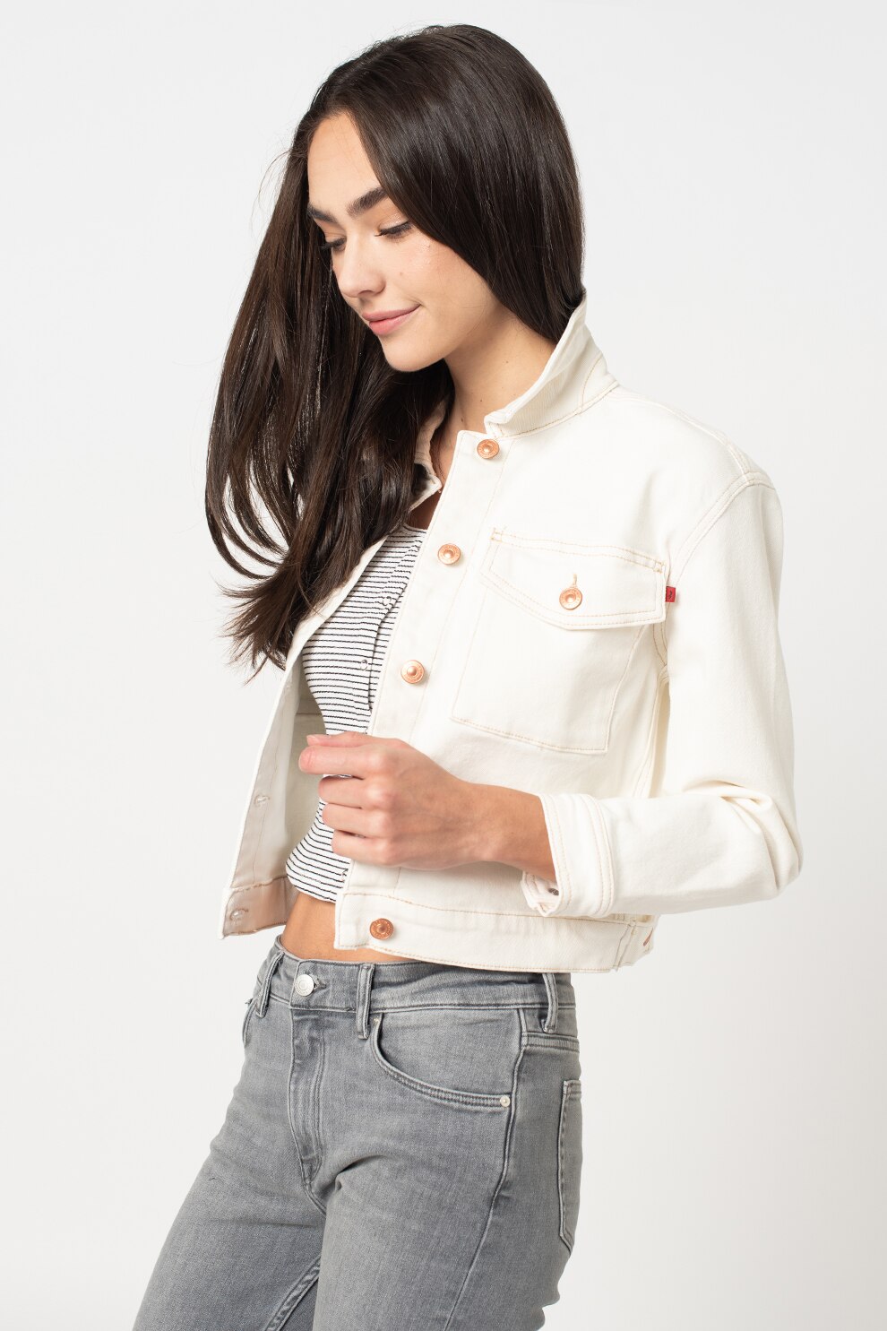 LTB, Jacheta crop de denim cu buzunare pe piept, Alb, L