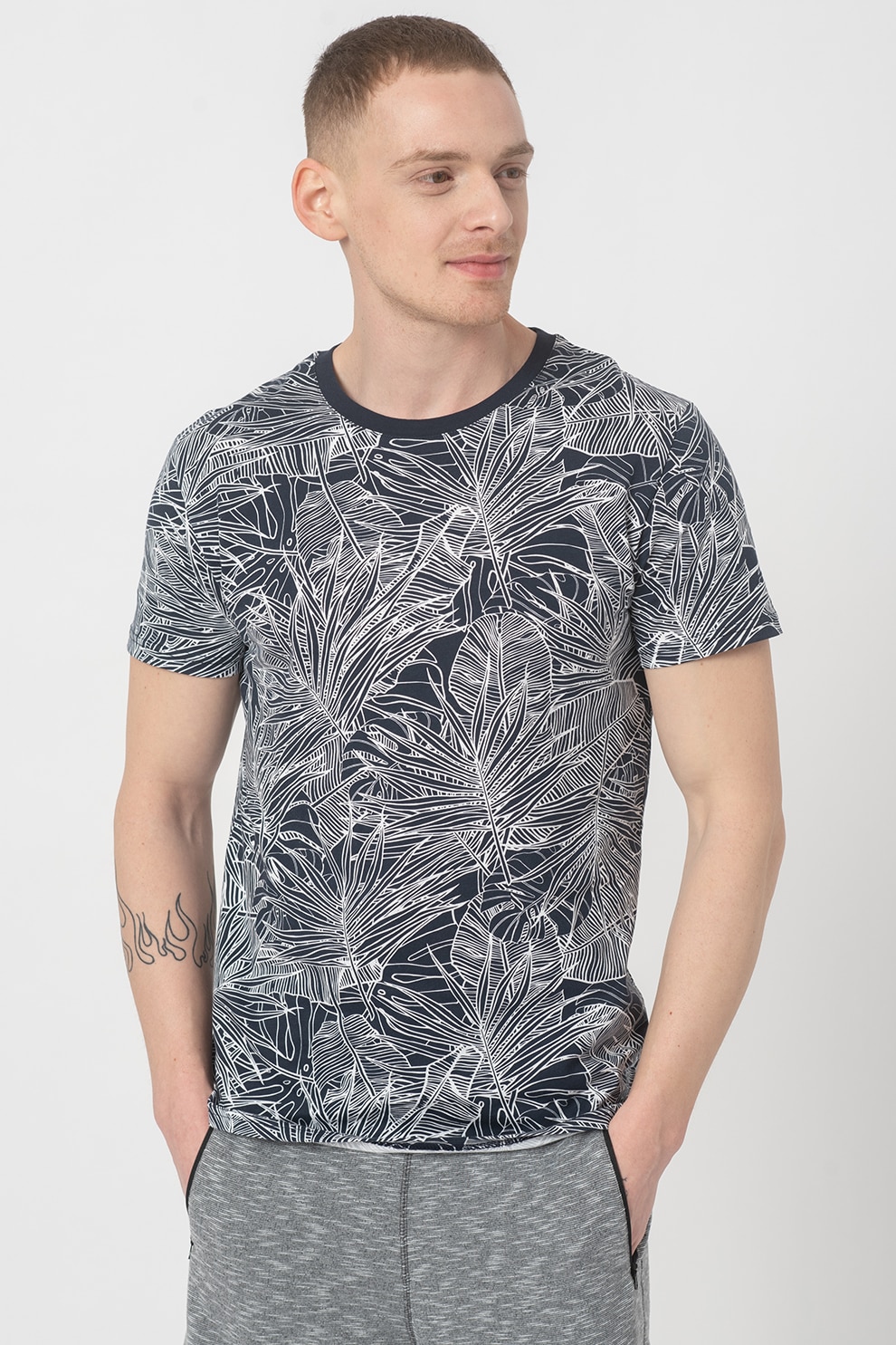 LTB, Tricou cu model tropical Cerosi, Bleumarin/Alb