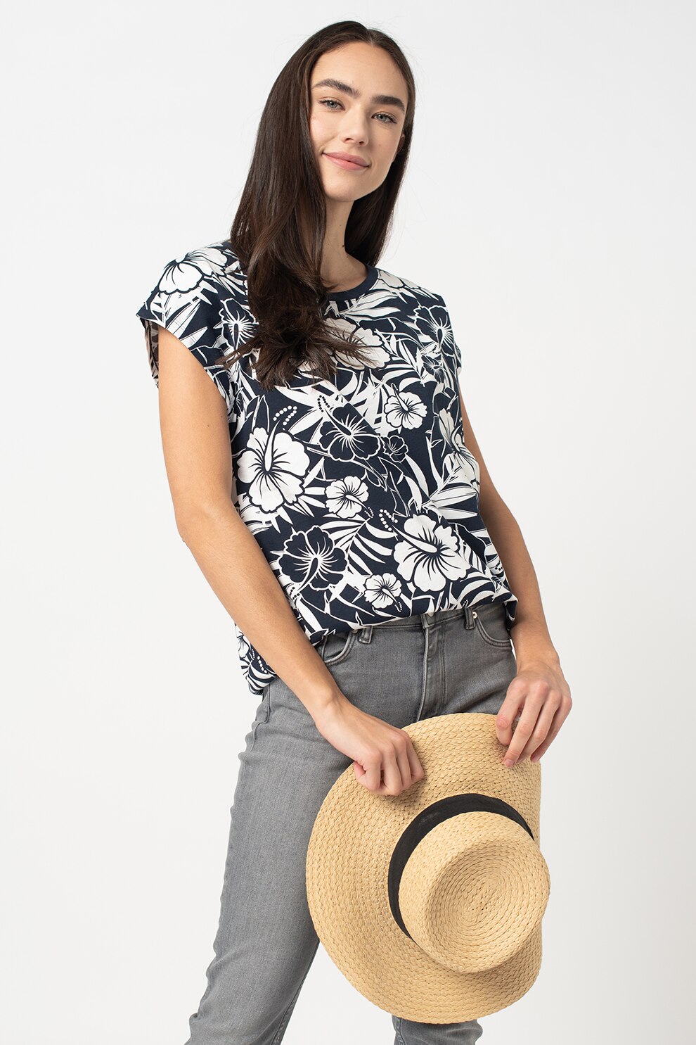 LTB, Tricou cu imprimeu floral Jinazi, Bleumarin/Alb, S