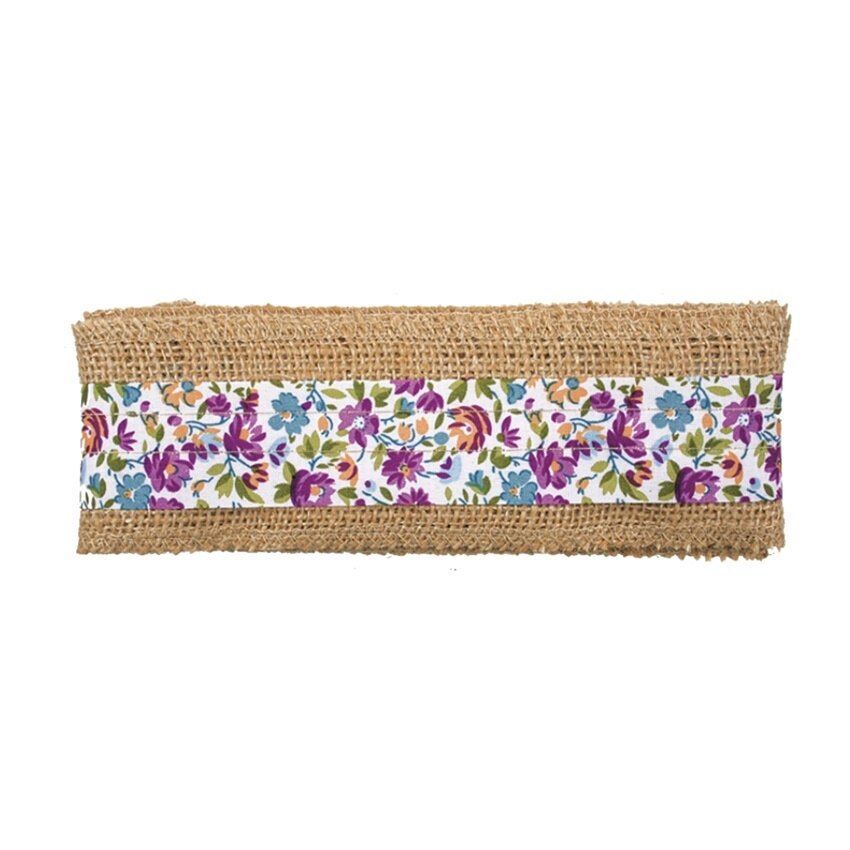 Rola de iuta cu dantela - flori colorate, 6 cm x 2 m