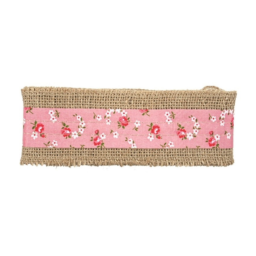Rola de iuta cu dantela - dunga roz, 6 cm x 2 m
