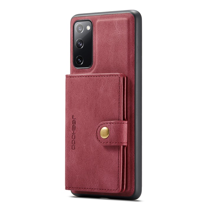 Калъф за Samsung Galaxy S20 FE, мека текстурирана кожа, заден капак, подвижен мини портфейл, CaseMe, червен