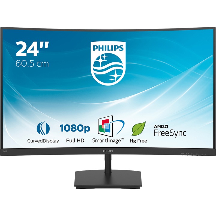 Монитор Philips 23.6", VA, Извит, Full HD, 75Hz, 4ms, HDMI, FreeSync, Vesa, Черен