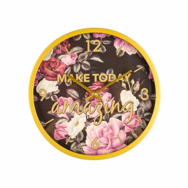 Ceas de perete model Make today amazing, fundal negru cu flori, 30 cm, Pufo