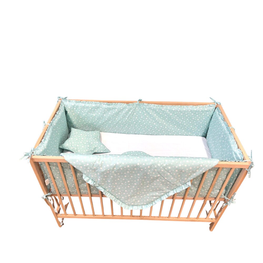 Lenjerie patut, BABYEN, cu stelute, 7 piese, bumbac, alb/turcoaz