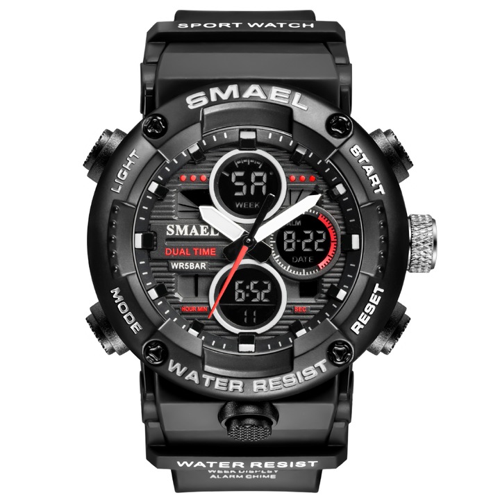 Спортен мъжки часовник Smael G Sport, Хронограф, Двойно време, LED Подсветка, Черен / Сребрист