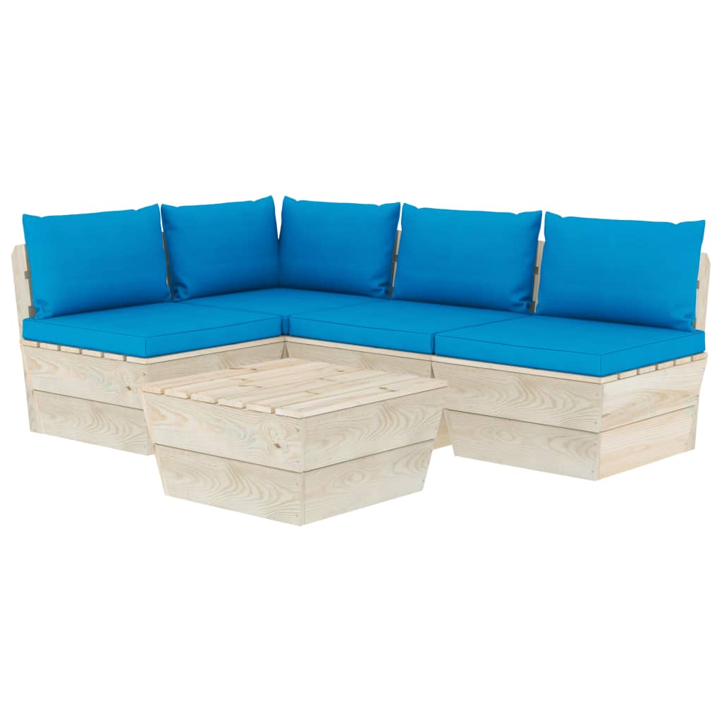 Set mobilier de gradina din paleti cu 5 piese cu perne albastru deschis, vidaXL, Lemn, 60 x 60 x 65 cm, Albastru