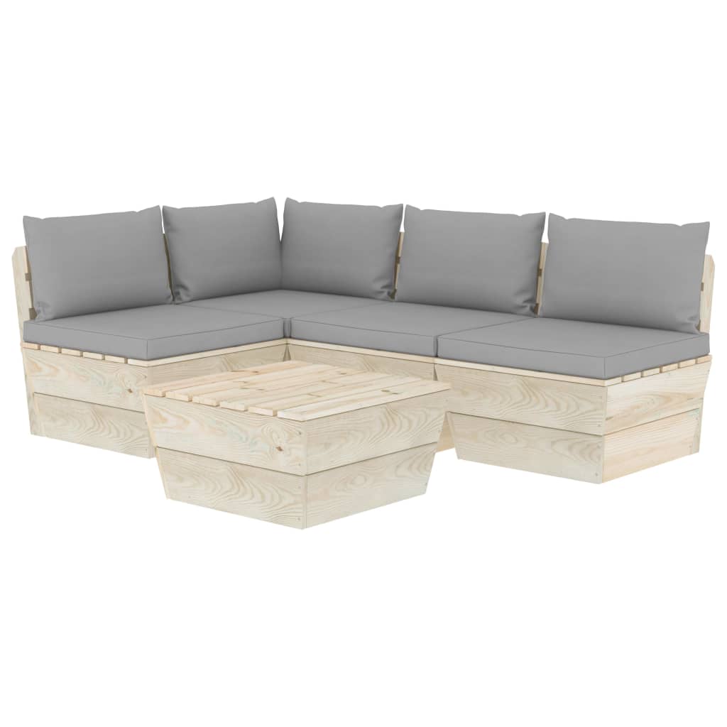 Set mobilier de gradina din paleti cu 5 piese cu perne gri, vidaXL, Lemn, 60 x 60 x 65 cm, Gri