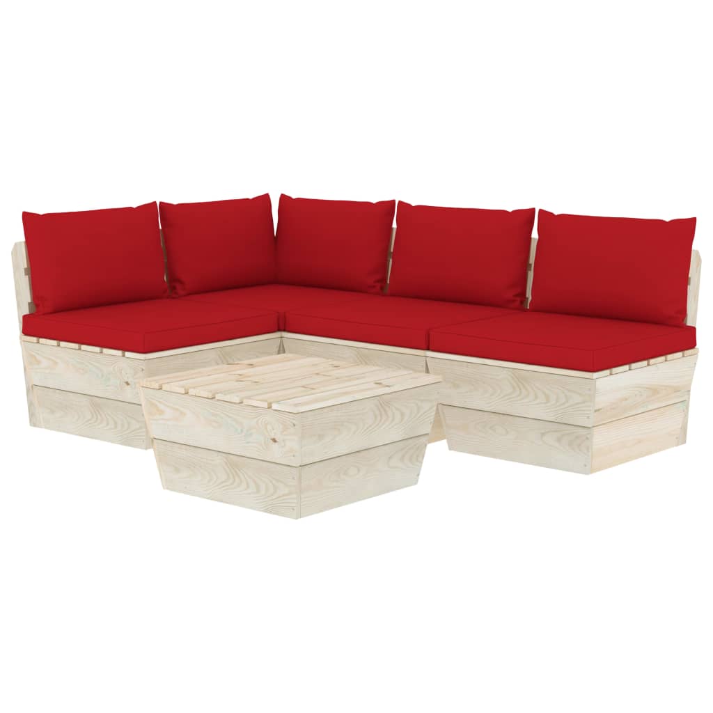 Set mobilier de gradina din paleti cu 5 piese cu perne rosii, vidaXL, Lemn, 60 x 60 x 65 cm, Rosu