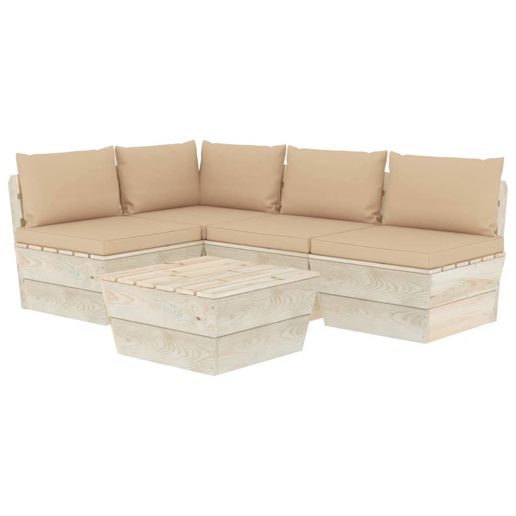 Set mobilier de gradina din paleti cu 5 piese cu perne bej, vidaXL, Lemn, 60 x 60 x 65 cm, Bej