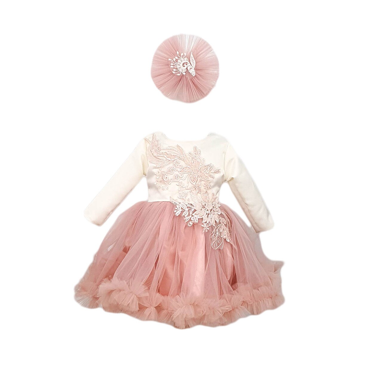 Rochita botez doua piese, model Flori, culoare alb-roz, varsta 6-9 luni