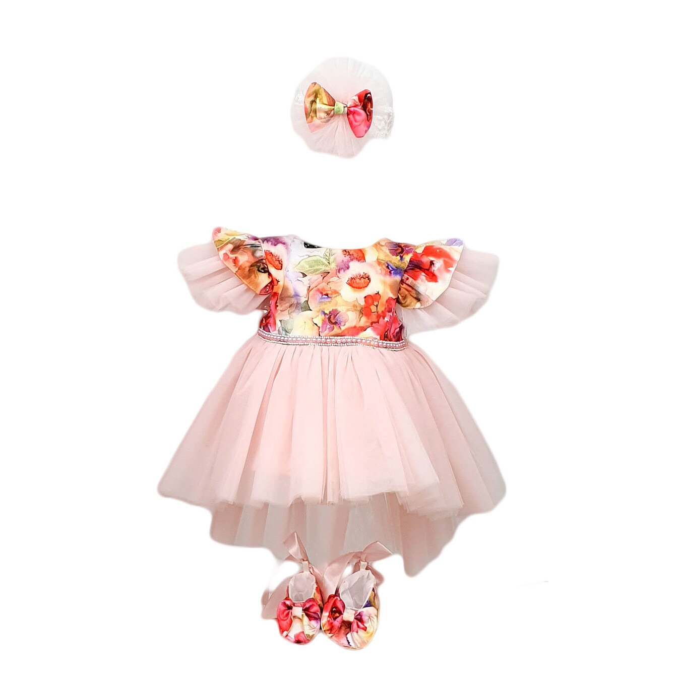 Rochita botez trei piese, model Flori, multicolora, varsta 3-6 luni