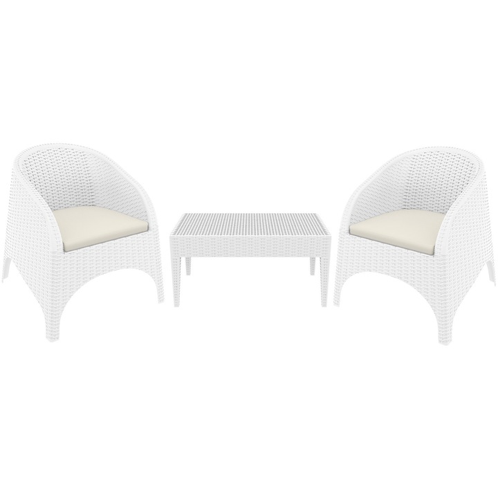 Set mobilier terasa,gradina 2 fotolii ARUBA cu masuta cafea MIAMI 93x53xh45cm polipropilen,fibra sticla culoare alba + 2 perne