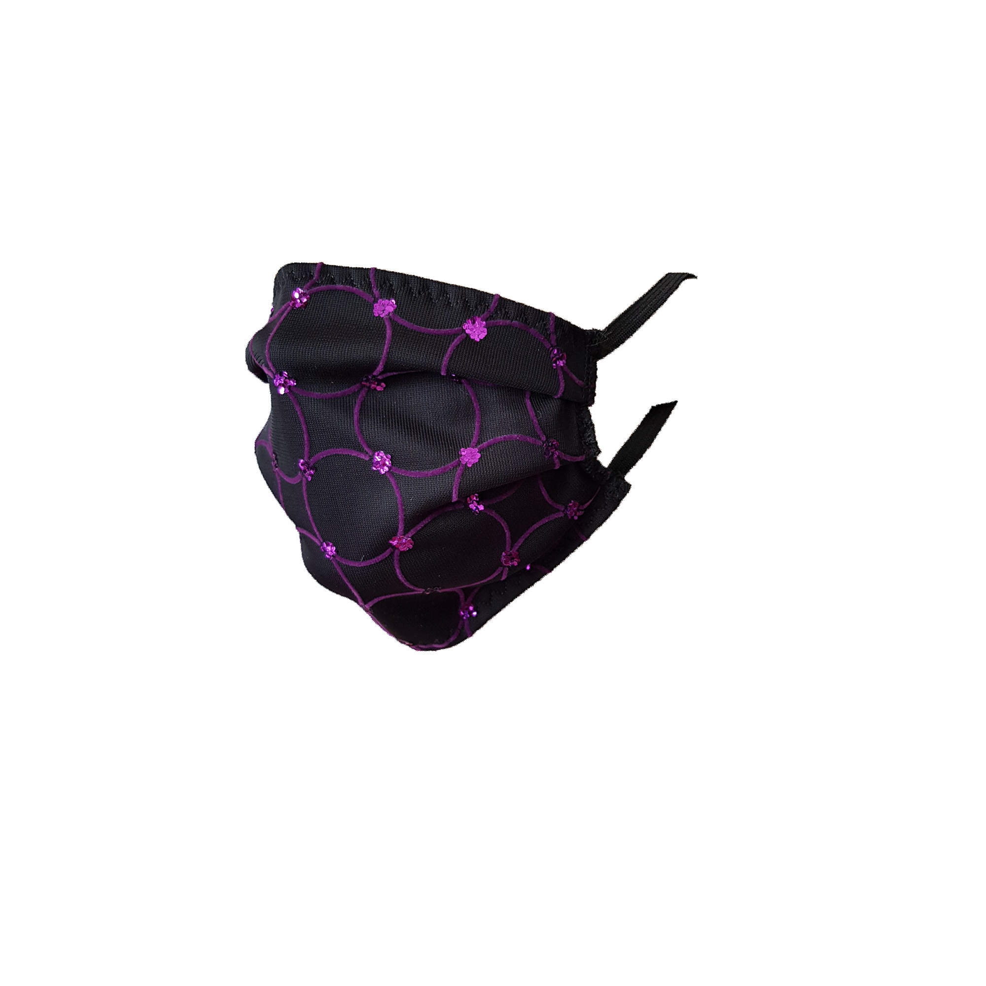 Masca faciala fashion 21 reutilizabila , material tull elastic cu ornamente si insertii mov aplicate la exterior, bumbac elastic interior