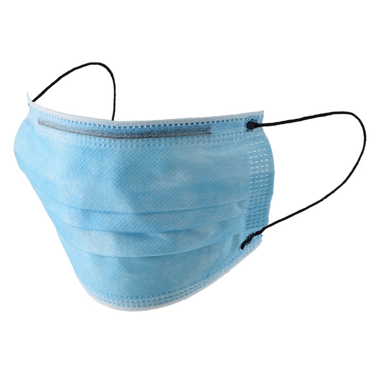 Set 50 Masti medicale chirurgicale faciale, de unica folosinta, nesterile, tip II, Albastru cu Alb cu elastic Negru