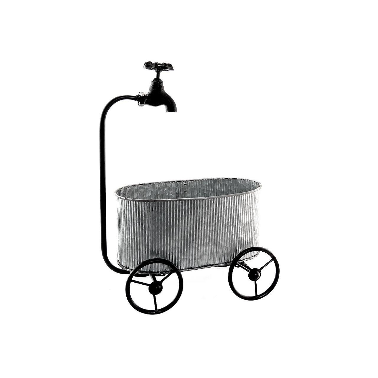 Decoratiune gradina, metalica, ghiveci tip carucior cu robinet, 30x16x44 cm